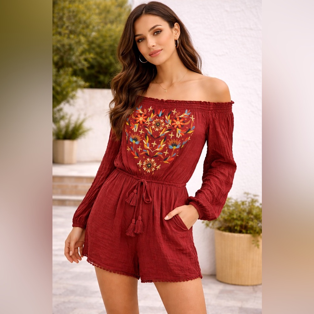 Forever 21 Burgundy Off-Shoulder Embroidered Romper
